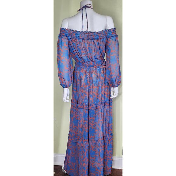 Mallory The Label Ramla Tiered Off Shoulder Maxi Dress S/M Blue Orange Floral - Picture 6 of 9